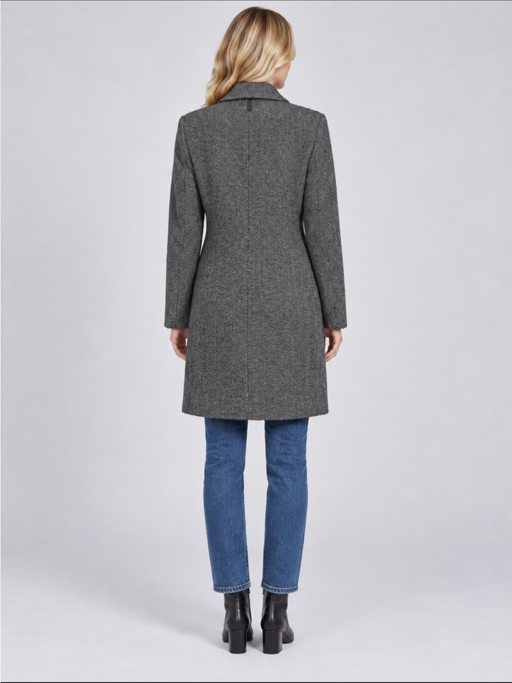 DKNY Women's Double Breasted Faux Wool Top Coat/Overcoat Grey/Black Herringbone - Picture 4 of 8